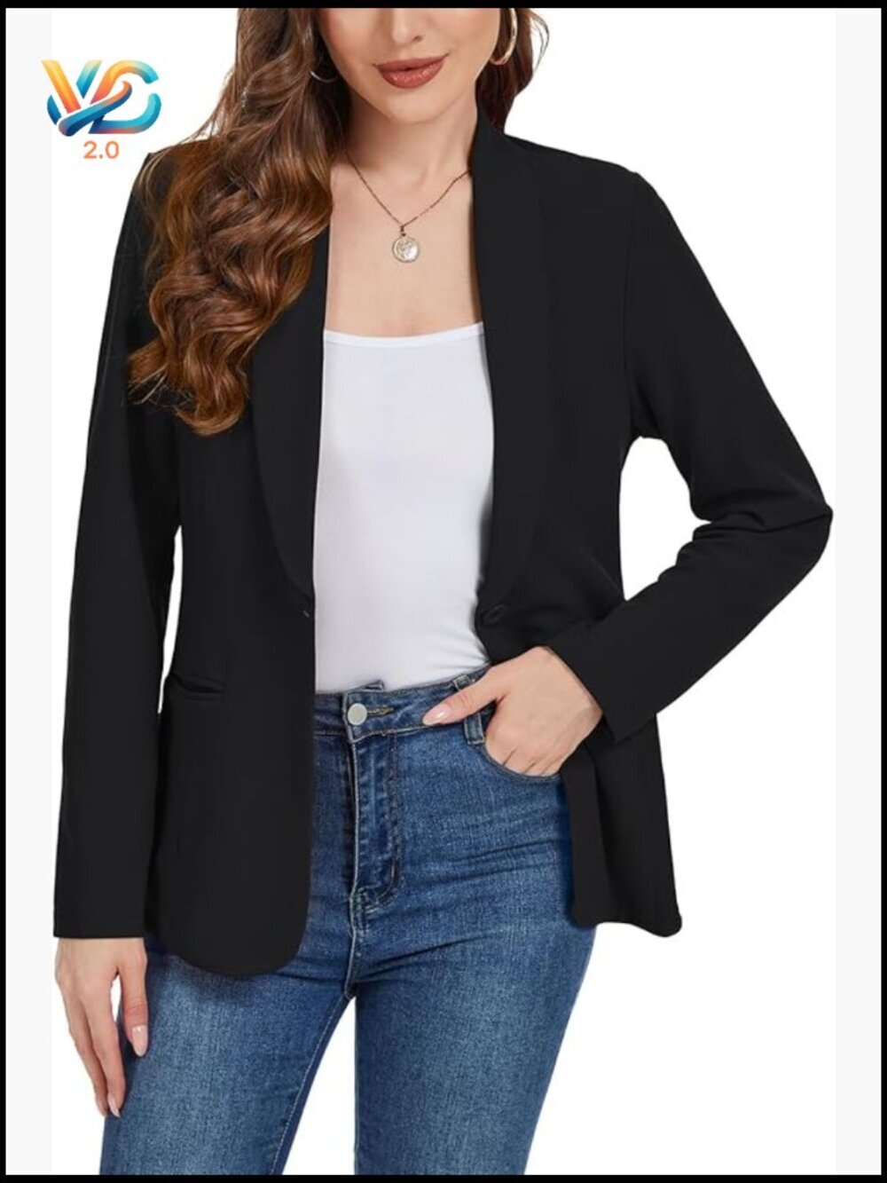 Long Sleeve Blazer with Padded Shoulders, Pockets, Button Front